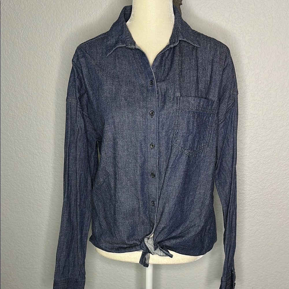 Prana Button Down Tie Front Blue Long Sleeve Organic Cotton Top Small